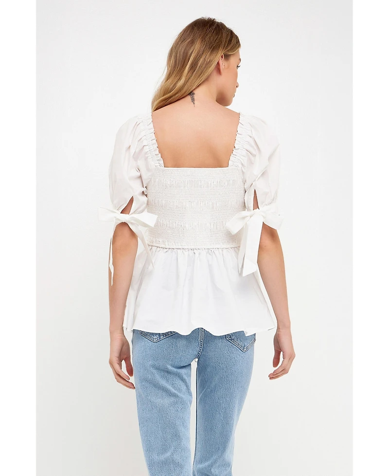 English Factory Women's Smocked Bow Tie Peplum Top