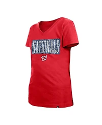 Big Girls New Era Red Washington Nationals Flip Sequin Team V-Neck T-shirt