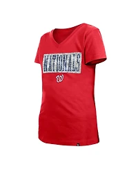 Big Girls New Era Red Washington Nationals Flip Sequin Team V-Neck T-shirt