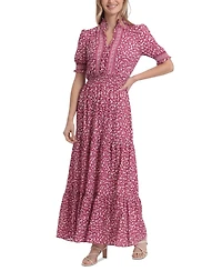 London Times Petite Ruffled-Neck Floral Maxi Dress
