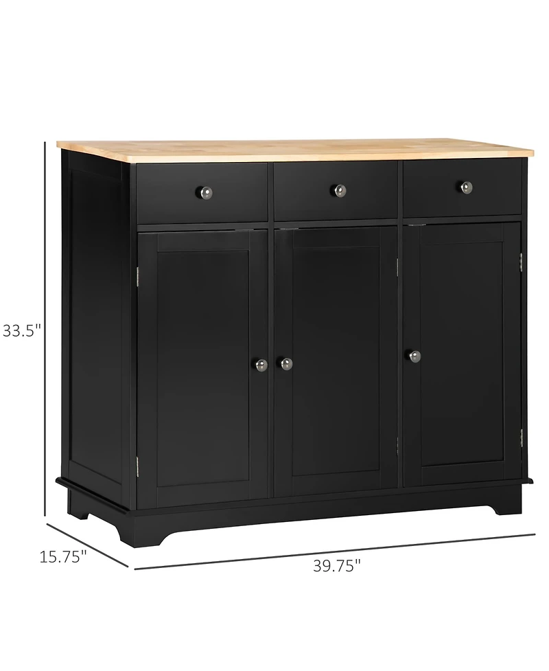 Homcom Modern Sideboard with Rubberwood Top, Buffet Cabinet with Storage Cabinets, Drawers and Adjustable Shelves for Living Room, Kitchen, Black