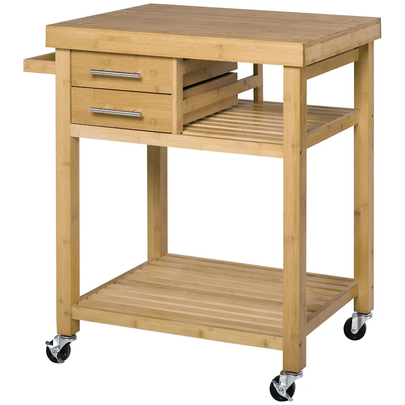 HomCom Bamboo Kitchen Island Cart on Wheels, 2 Storage Drawers, Towel Rack, 33.25 in, Bamboo Tone