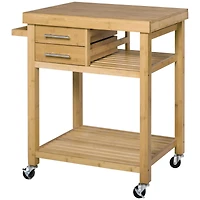 HomCom Bamboo Kitchen Island Cart on Wheels, 2 Storage Drawers, Towel Rack, 33.25 in, Bamboo Tone