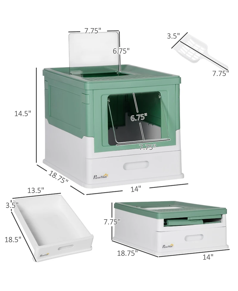 PawHut Fully Enclosed Cat Litter Box with Scoop, Hooded Cat Litter House with Drawer Type Tray, Foldable Smell Proof Cat Potty with Front Entry, Top E