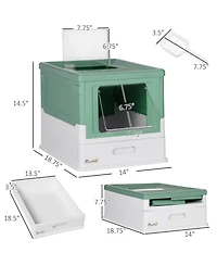 PawHut Fully Enclosed Cat Litter Box with Scoop, Hooded Cat Litter House with Drawer Type Tray, Foldable Smell Proof Cat Potty with Front Entry, Top E