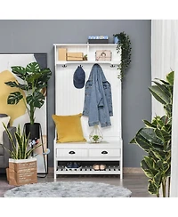 Homcom Coat Rack and Bench Hall Tree Organizer with 4 Hooks and 2 Drawer, White