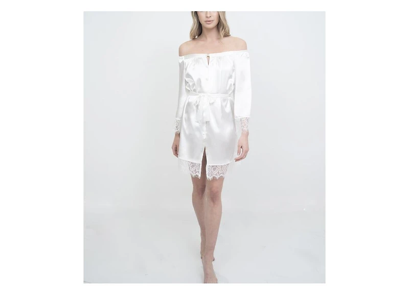 Le Laurier Bridal Women's Off-The-Shoulder Lace Trim The Hair and Makeup Robe