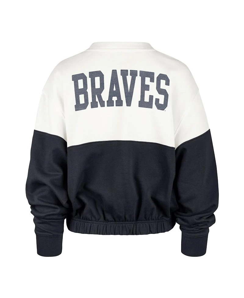 Women's '47 Brand White, Navy Atlanta Braves Take Two Bonita Pullover Sweatshirt