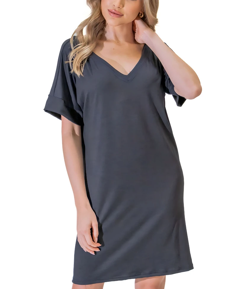 24seven Comfort Apparel Solid Color Loose Fit V Neck T Shirt Style Women's Knee Length Dress