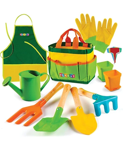 Play22usa Kids Toy Garden Tool Set 12-Piece - Shovel, Rake Fork Trowel Apron Gloves Watering Can and Tote Bag