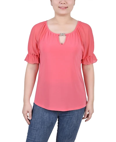 Ny Collection Petite Short Ruffle Sleeve Rhinestones Top