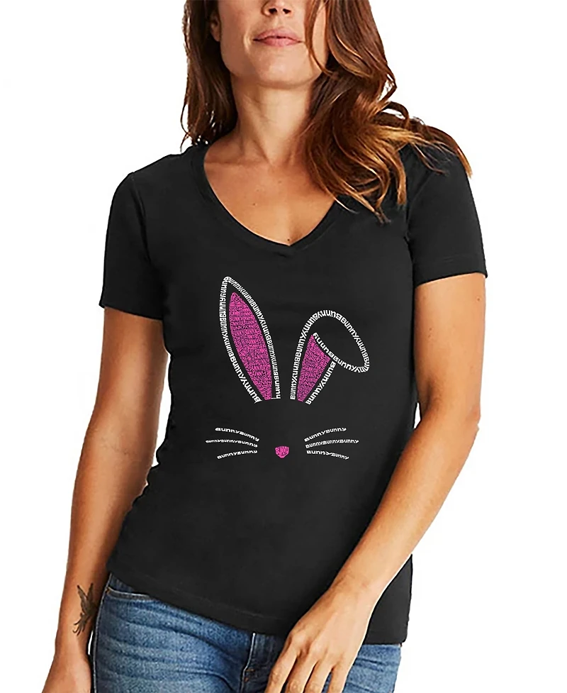 La Pop Art Women's Bunny Ears Word V-Neck T-shirt