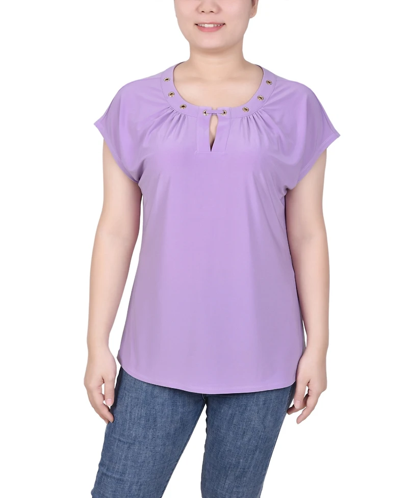 Ny Collection Petite Grommet Neck Knit Short Extended Sleeve Top