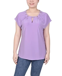 Ny Collection Petite Grommet Neck Knit Short Extended Sleeve Top