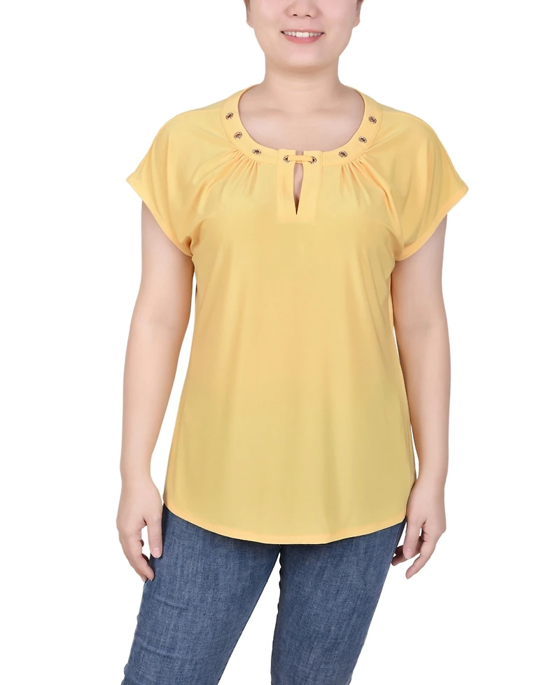 Ny Collection Petite Grommet Neck Knit Short Extended Sleeve Top
