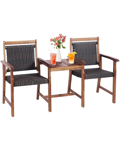 2-Seat Patio Rattan Bench Acacia Wood Frame Table W/Umbrella Hole Deck