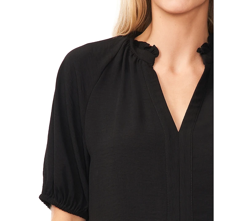 CeCe Women's Short Sleeve Ruffle Neck Raglan Split Neck Blouse