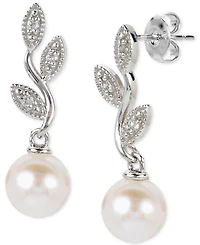 Cultured Freshwater Pearl (6 1/2mm) & Lab-Created White Sapphire (1/10 ct. t.w.) Vine Drop Earrings in Sterling Silver