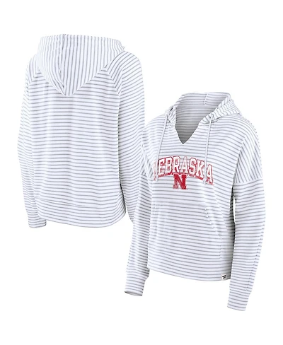 Women's Fanatics White Nebraska Huskers Striped Notch Neck Pullover Hoodie