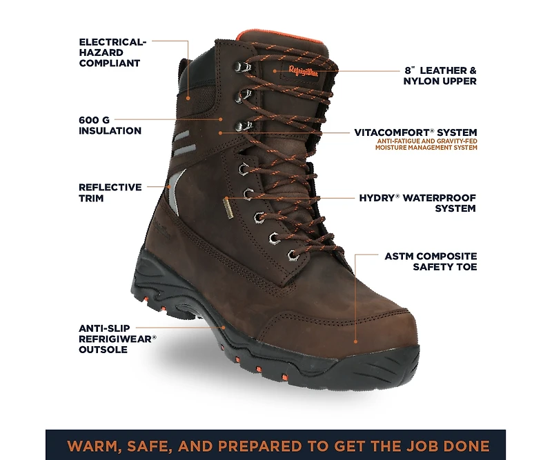 RefrigiWear Men's Ice Viking Waterproof Insulated Work Boots Composite Toe, Anti-Slip, Cold Weather Safety Footwear