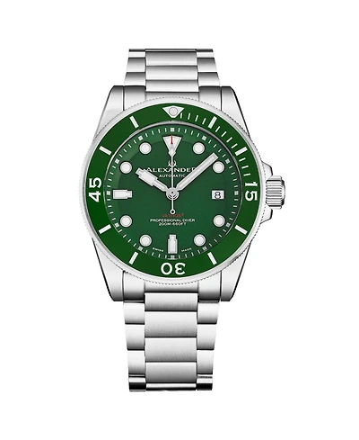 Alexander Vathos 3 Men s Swiss Made Watch Green Dial Green Bezel Luminous Hands and Markers Stainless Steel Case and Bracelet 42mm Case Date Window