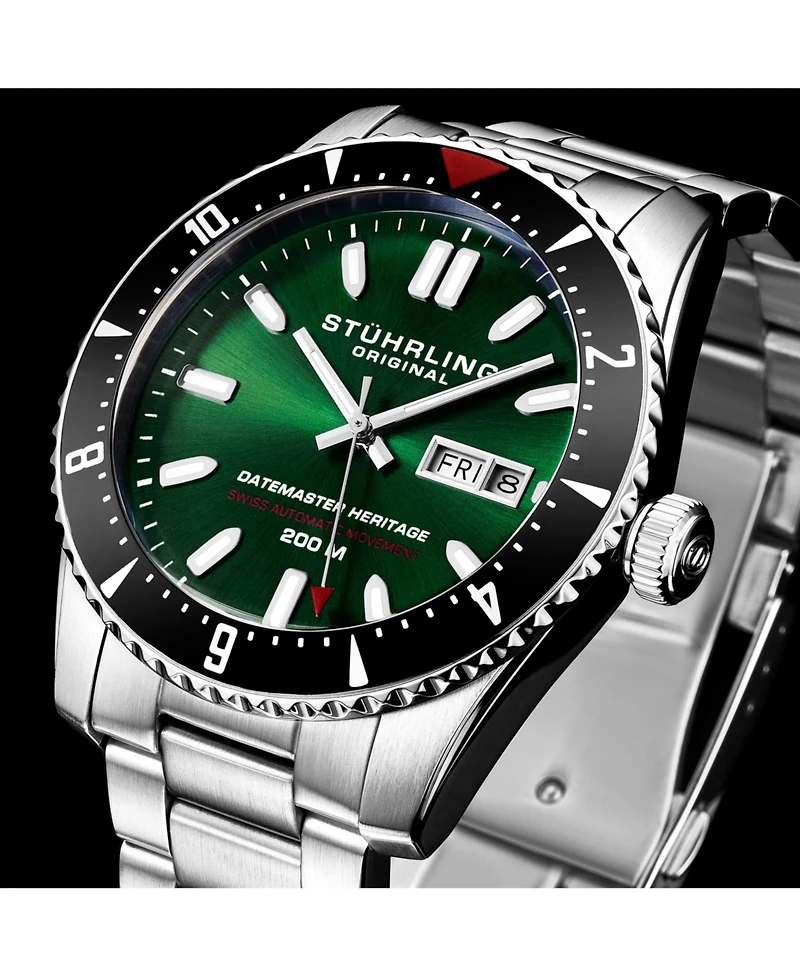 Stuhrling Men s Aquadiver 44mm Swiss Automatic Diver Watch, Green Dial, Stainless Steel Bracelet, 200M Water Resistant