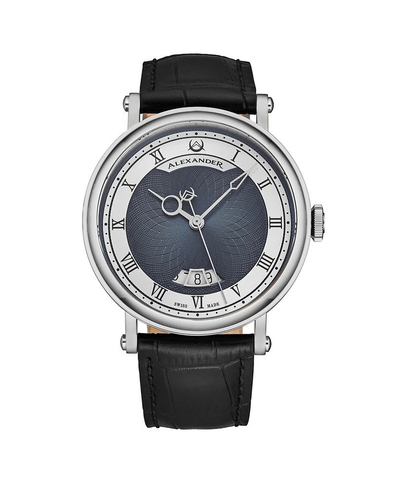 Alexander Triumph Men's Swiss Automatic Watch 43mm Silver Tone Stainless Steel Case Blue Dial Sapphire Crystal Black Leather Strap 30M