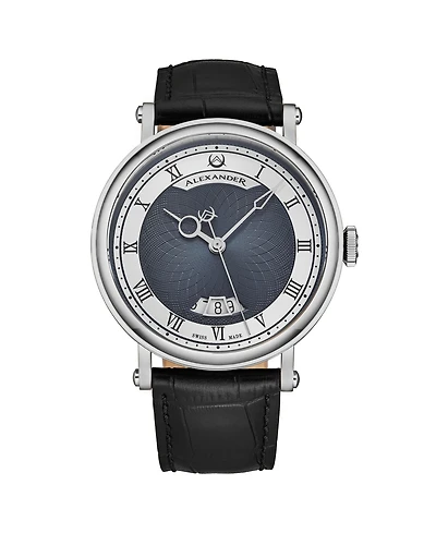 Alexander Triumph Men's Swiss Automatic Watch 43mm Silver Tone Stainless Steel Case Blue Dial Sapphire Crystal Black Leather Strap 30M