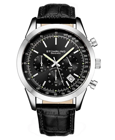 Stuhrling Men's Monaco Black Leather, Black Dial