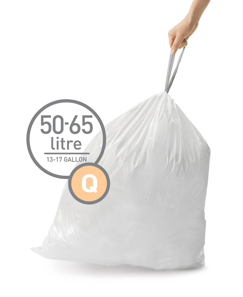simplehuman Code Q 100pk Custom Fit Liners with 5 Quick Dispense Packs, 50-65L Kitchen Trash Bag Liners