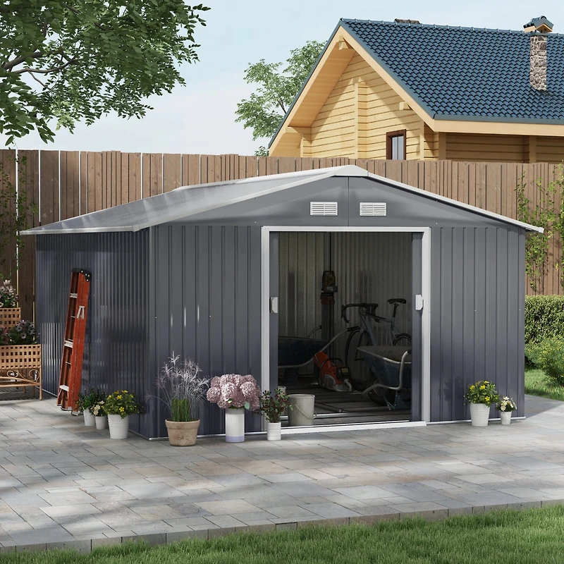 Outsunny 11' x 12.6' Storage Shed Garden Tool House w/ Vents Doors Charcoal