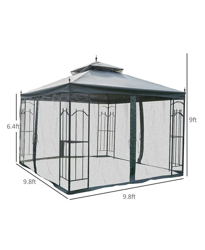 Outsunny 10' x 10' Steel Outdoor Patio Gazebo Canopy with Removable Mesh Curtains, Display Shelves, & Steel Frame, Grey