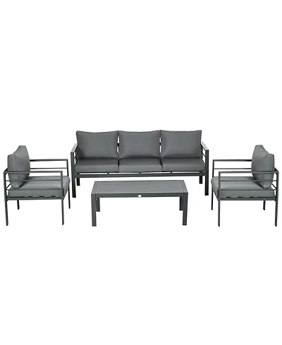 Outsunny Patio Furniture Set 4 Pieces, Outdoor Conversation Set with Water-Resistant Cushions, Coffee Table, 3-Seater Sofa, 2 Chairs for Backyard Porc