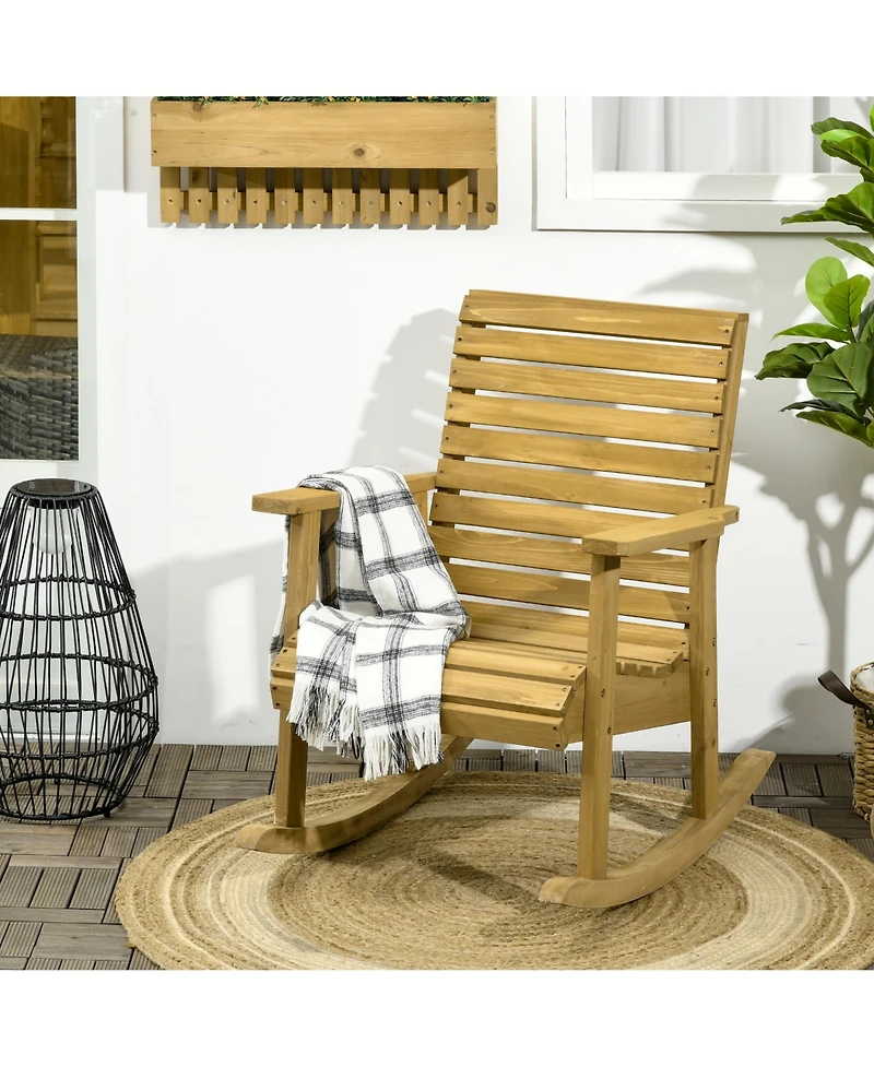 Outsunny Wooden Outdoor Rocking Chair, Traditional Slatted Wood Rocker with Armrests for Indoor & Outdoor, Light Brown