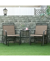 Outsunny Outdoor Glider Chairs with Coffee Table, Patio 2-Seat Rocking Chair Swing with Breathable Sling for Backyard, Garden and Porch, Brown
