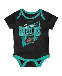 Newborn and Infant Boys Girls Mitchell & Ness Black, Turquoise Vancouver Grizzlies 3-Piece Hardwood Classics Bodysuits Cuffed Knit Hat Set