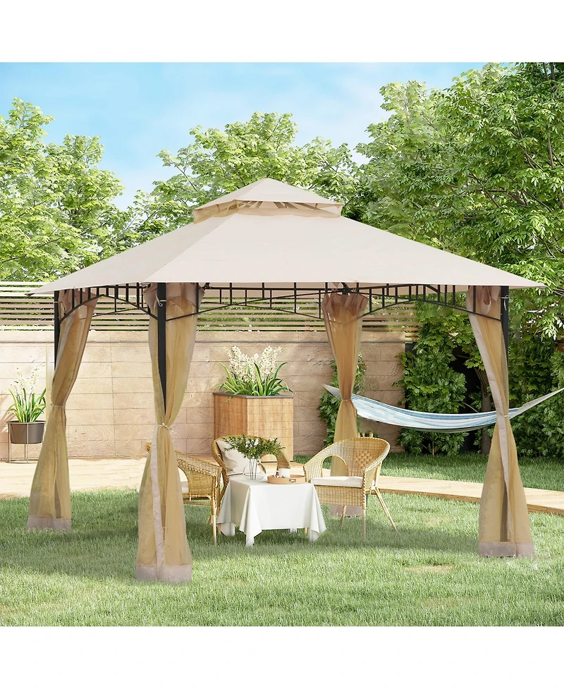 Outsunny 10'x10' Outdoor Patio Gazebo Canopy Metal Canopy Tent with 2-Tier Roof and Mesh Netting for Backyard, Beige