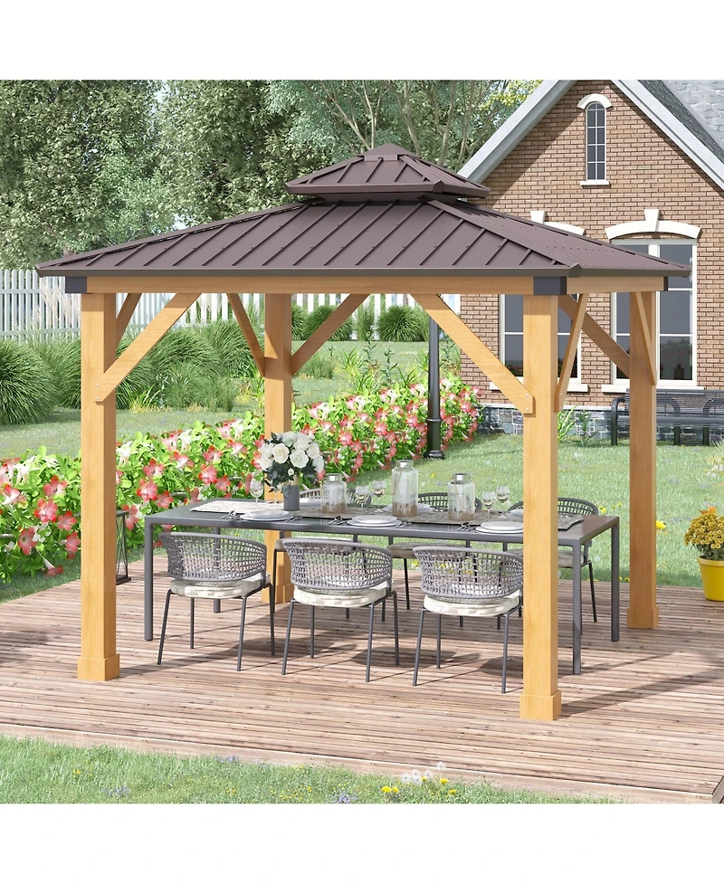 Outsunny 10x10 Wooden Hardtop Gazebo with Metal Roof Canopy and Ceiling Hook