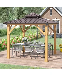 Outsunny 10x10 Wooden Hardtop Gazebo with Metal Roof Canopy and Ceiling Hook