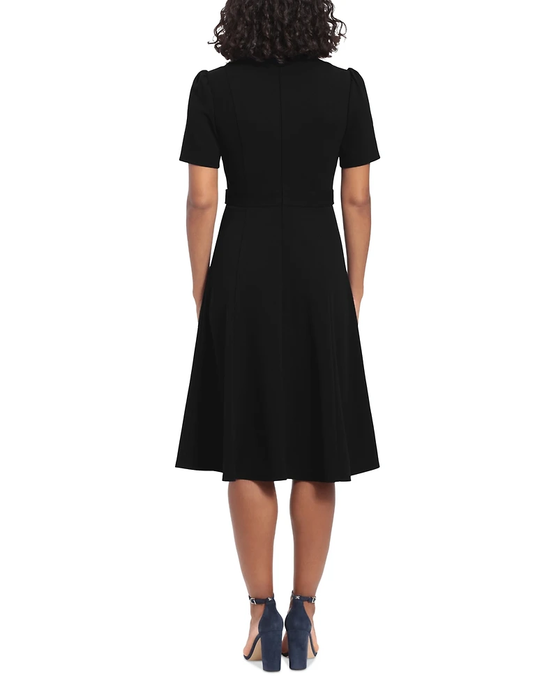 London Times Women's Puff-Sleeve Tab-Detail Fit & Flare Dress