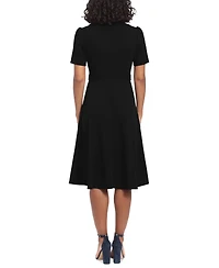 London Times Women's Puff-Sleeve Tab-Detail Fit & Flare Dress