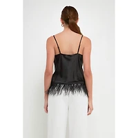 endless rose Women's Satin Cowl Neck Top with Feather