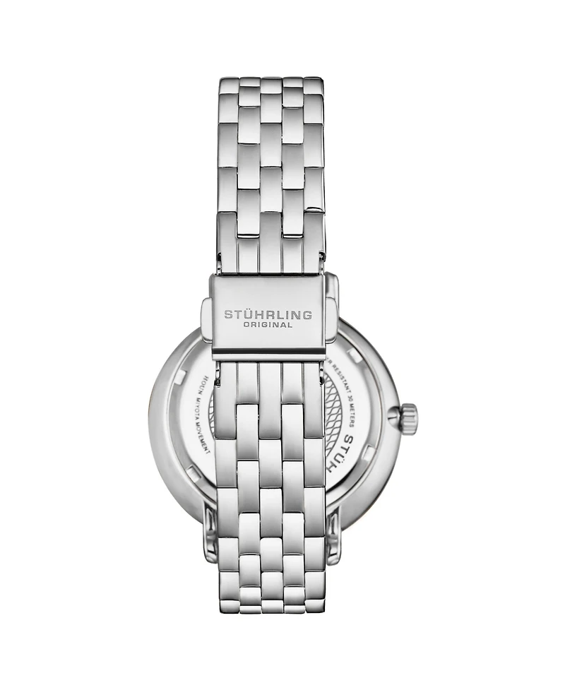 Stuhrling Women's Quartz Silver Alloy Case, Silver Ss Link Bracelet Watch Moonphase  Crystal Studded Bezel White Mother-of-Pearl Dial