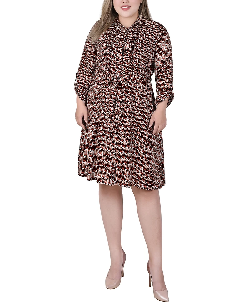 Ny Collection Plus Long Roll Tab Sleeve Dobby Dress