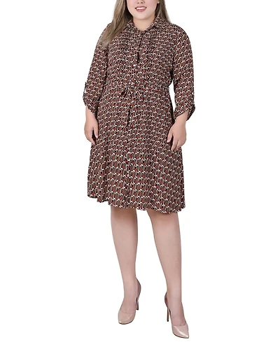 Ny Collection Plus Long Roll Tab Sleeve Dobby Dress