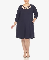 White Mark Plus Criss Cross Neckline 3/4 Sleeve Swing Dress