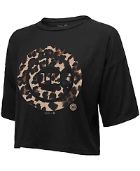 Women's Majestic Threads Black Chicago Cubs Leopard Cropped T-shirt