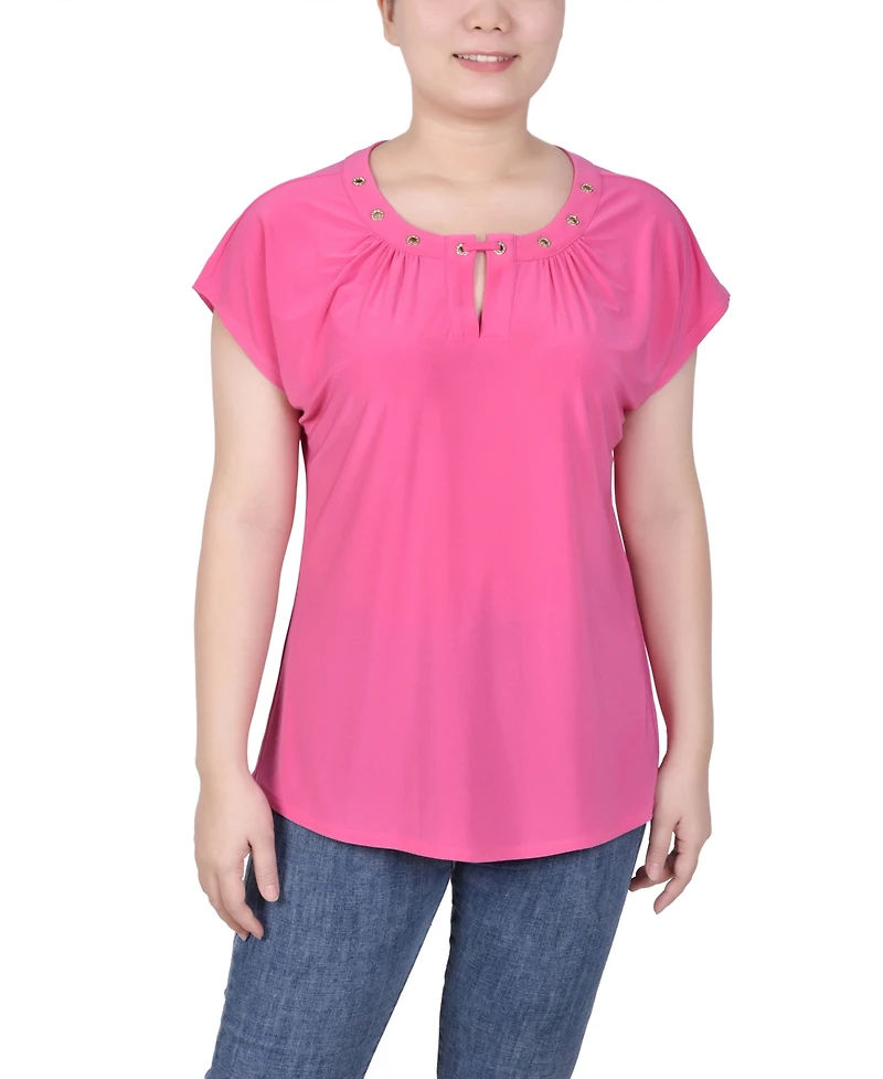 Ny Collection Petite Grommet Neck Knit Short Extended Sleeve Top