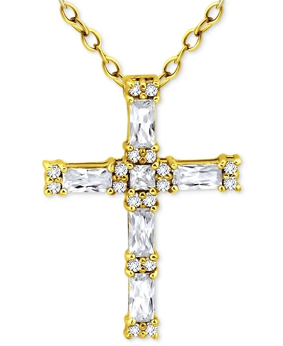 Giani Bernini Cubic Zirconia Baguette & Round Cross Pendant Necklace, 16" + 2" extender, Created for Macy's