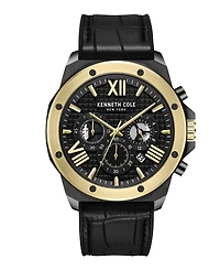 Kenneth Cole New York Men's Chronograph Dress Sport Black Genuine Leather Silicone Watch 45mm